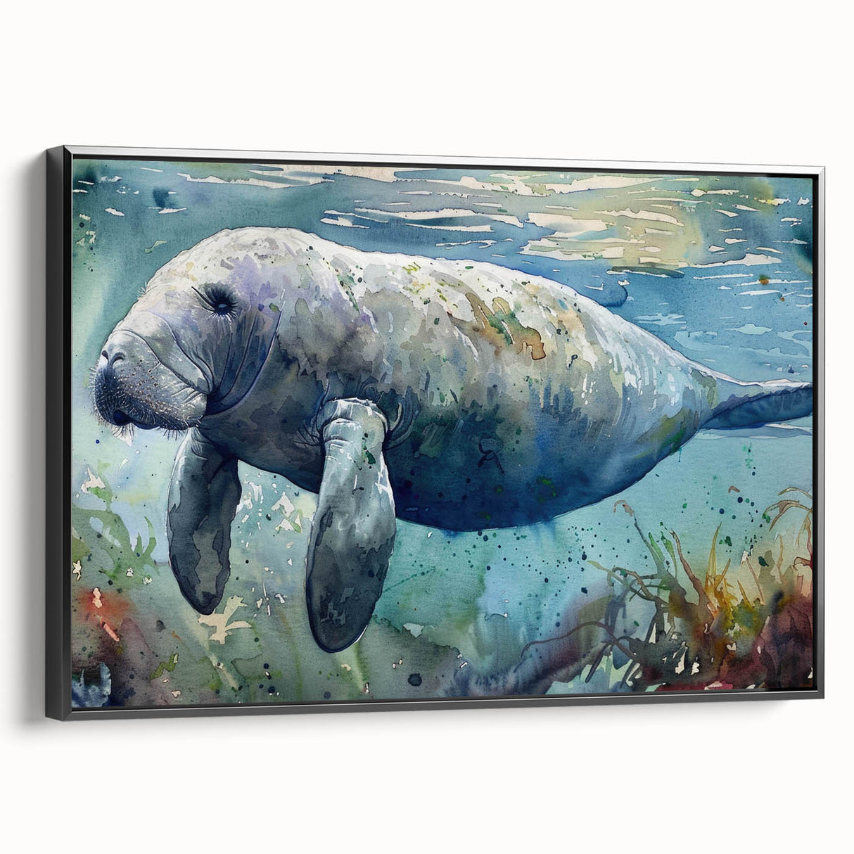 Framed canvas wall art featuring a serene manatee design in vibrant colors, set against a neutral backdrop, showcasing marine life themes and artistic elegance.
