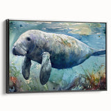 Framed canvas wall art featuring a serene manatee design in vibrant colors, set against a neutral backdrop, showcasing marine life themes and artistic elegance.