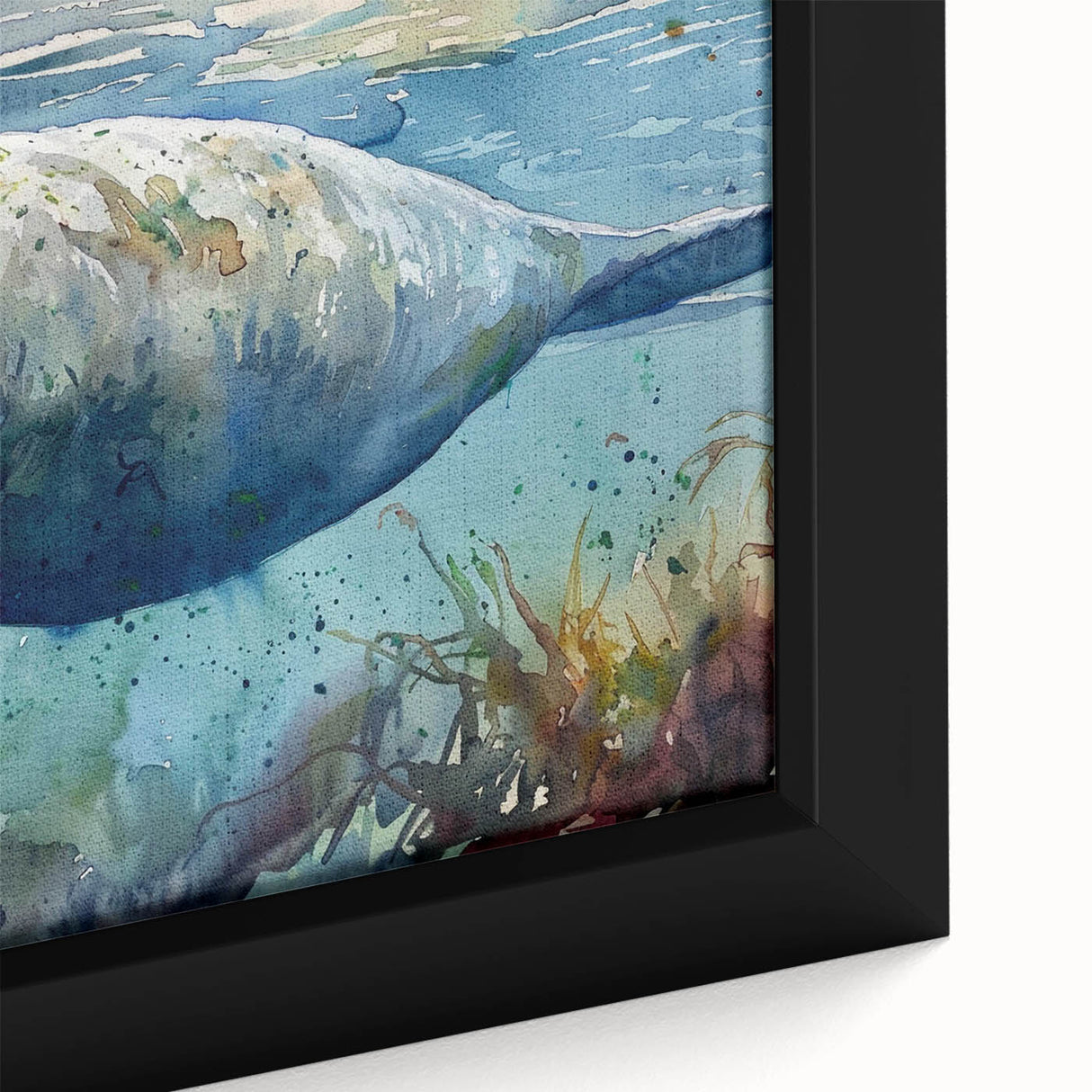 Close-up of a framed canvas wall art piece depicting a colorful manatee design, showcasing intricate marine life details and vibrant ocean hues, ideal for coastal decor.