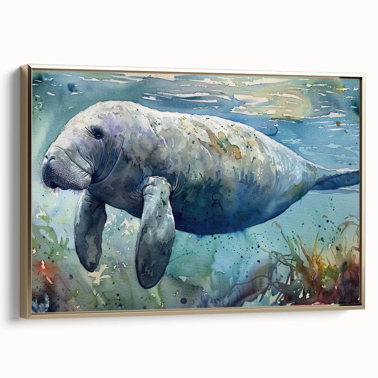 Framed wall art collection showcasing a vibrant marine life manatee design on canvas, featuring gold accents and a side view perspective, perfect for ocean-themed decor.