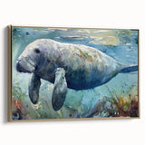 Framed wall art collection showcasing a vibrant marine life manatee design on canvas, featuring gold accents and a side view perspective, perfect for ocean-themed decor.