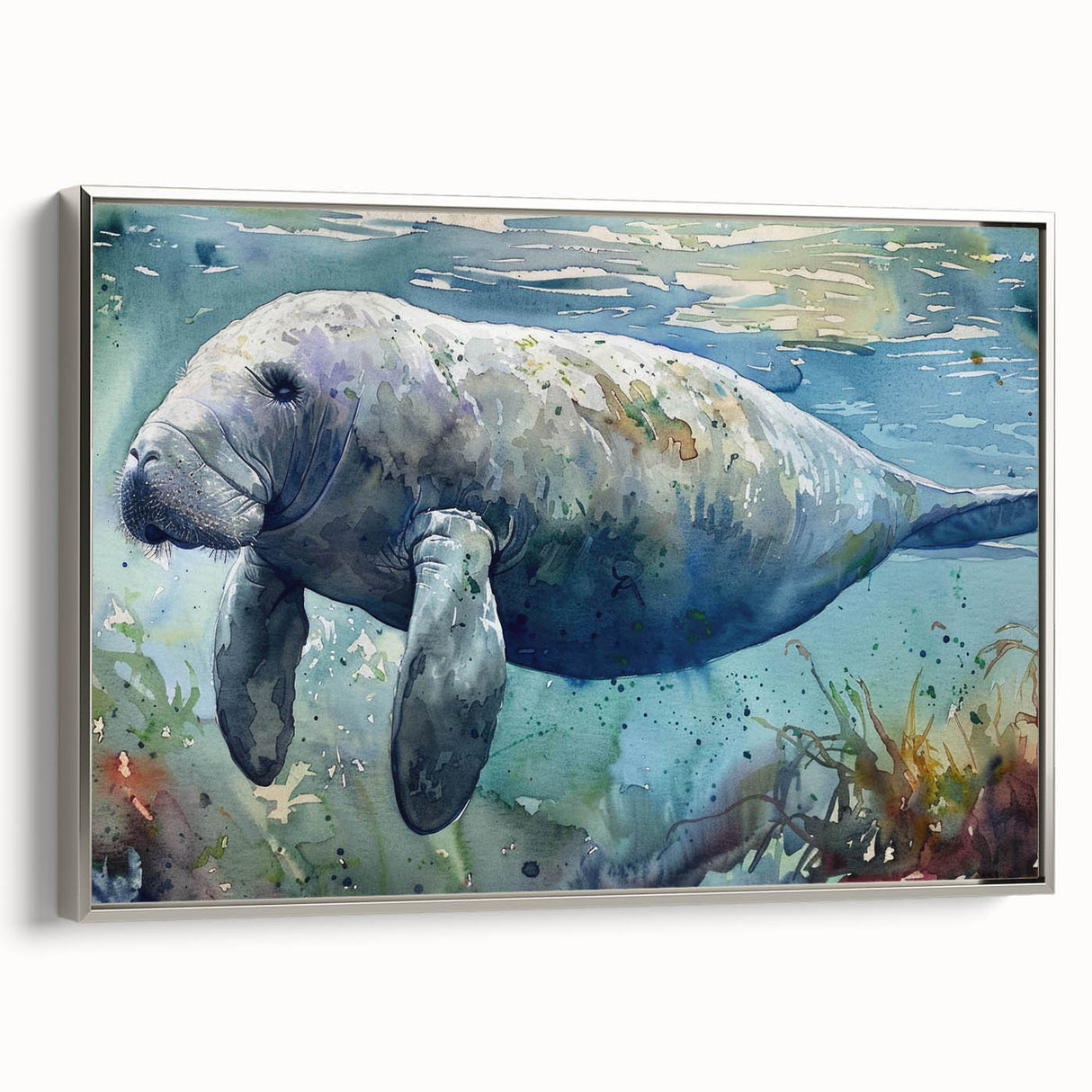 Framed wall art featuring a serene marine life design of a manatee, showcasing intricate details in shades of blue and silver, perfect for ocean-themed decor.