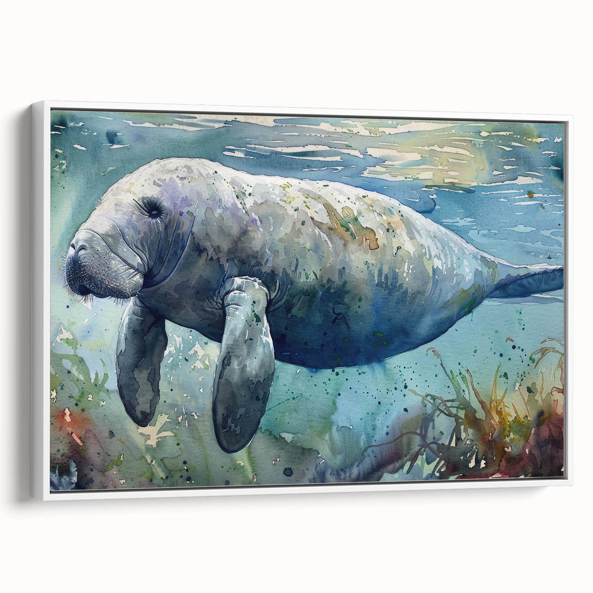 Framed canvas wall art showcasing a serene marine life design featuring a manatee in soft blue and white tones, perfect for ocean-themed decor.
