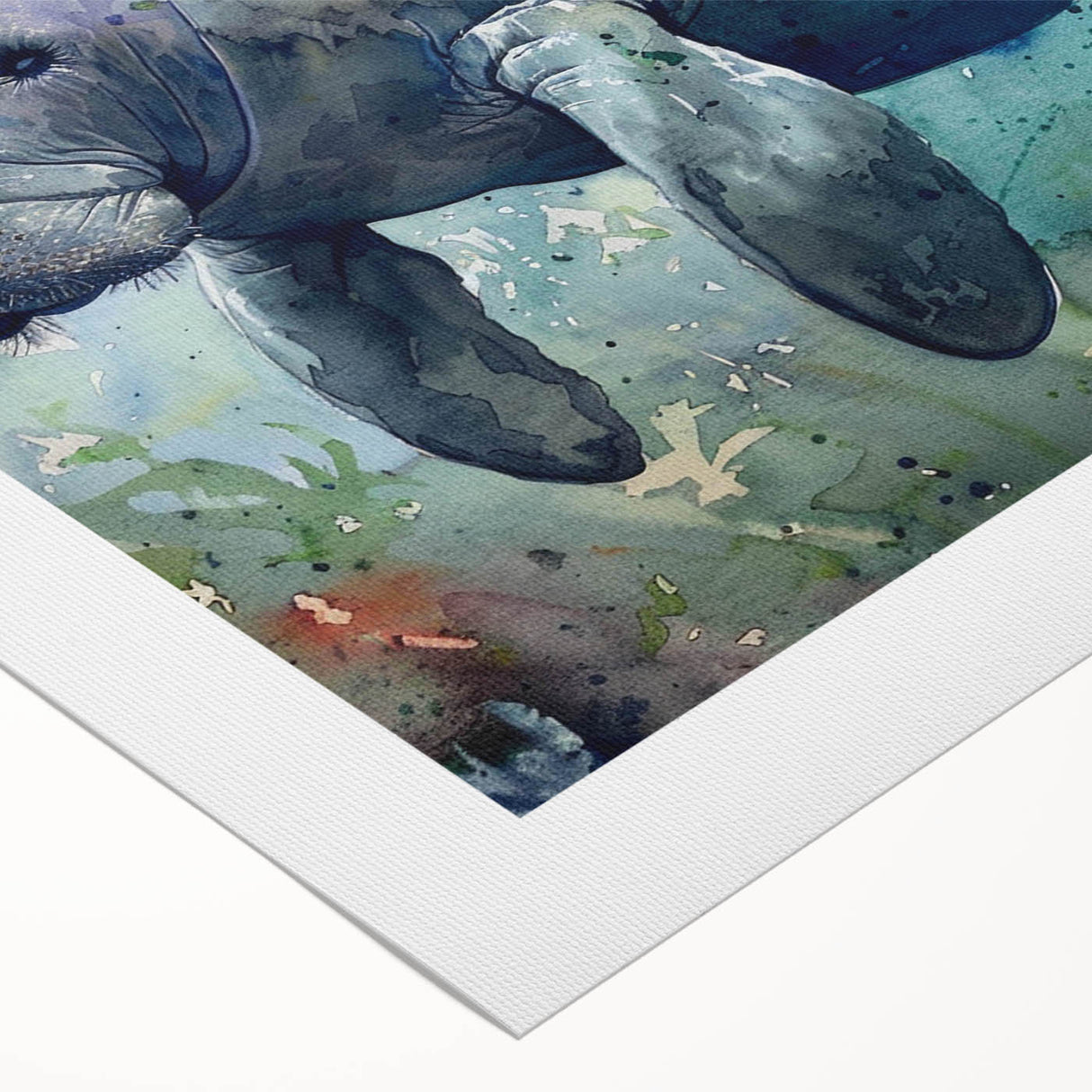 Colorful rolled canvas artwork depicting a serene manatee swimming among marine life, showcasing intricate details and vibrant colors, ideal for ocean-themed decor.