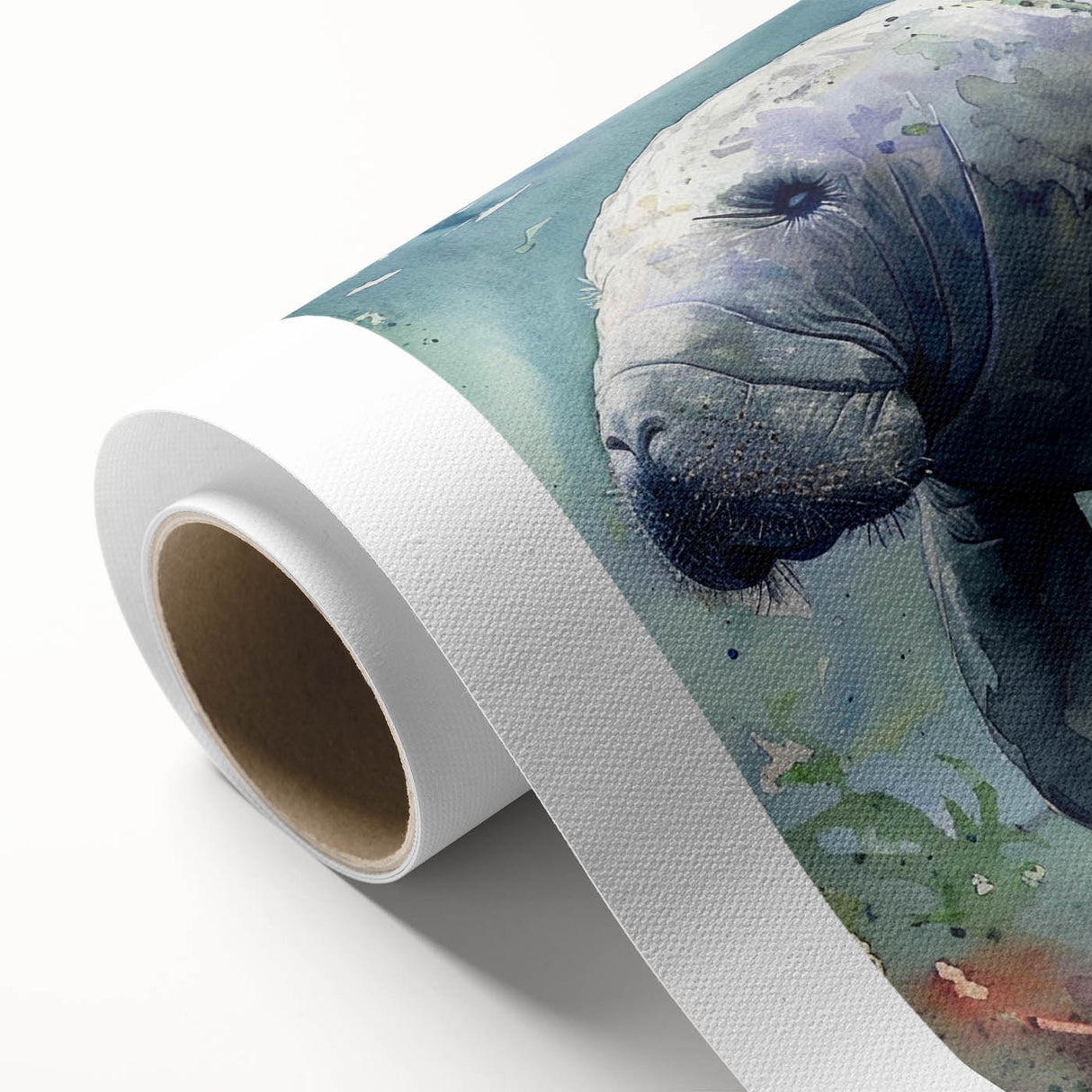 Rolled canvas wall art design showcasing a vibrant marine life scene with a manatee, featuring rich colors and intricate details, ideal for ocean-themed decor.