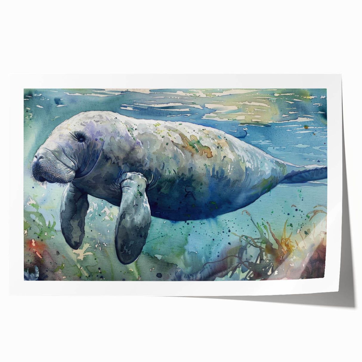 Vibrant rolled print showcasing a marine life design featuring a manatee, beautifully illustrated with shades of blue and green, perfect for ocean-themed decor.