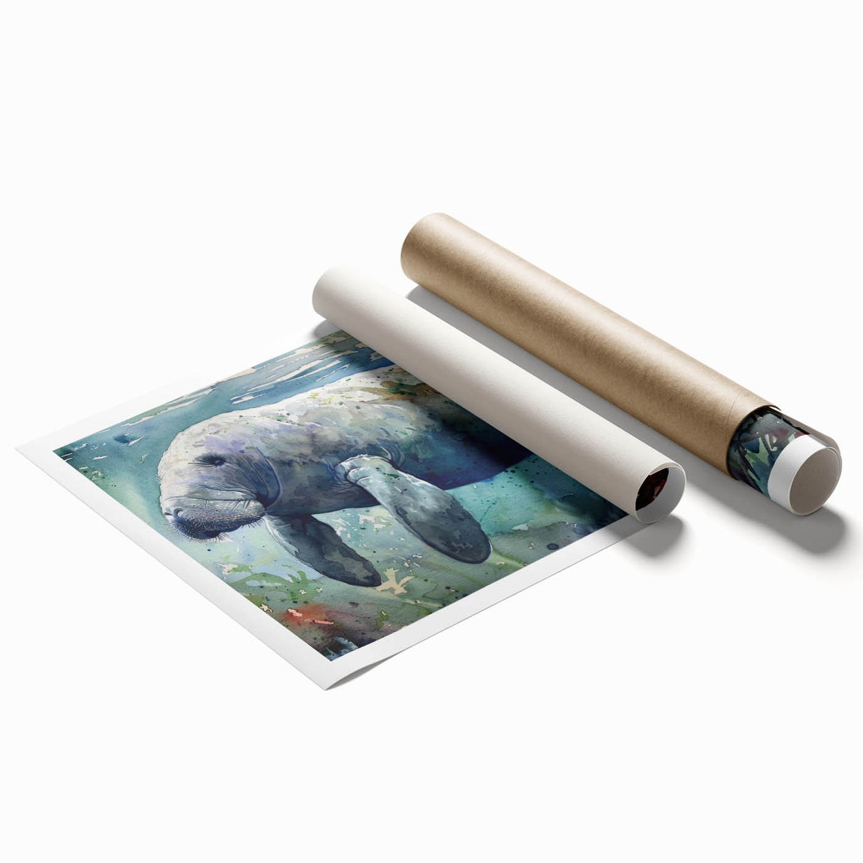 Colorful marine life wall art featuring a playful manatee design, printed on high-quality material and rolled for easy framing, perfect for ocean-themed decor.