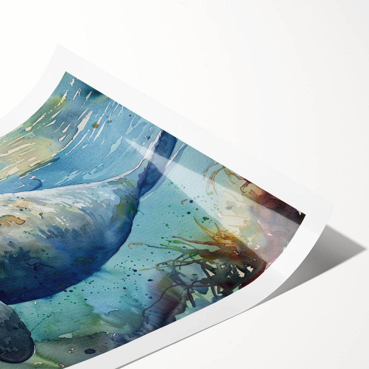 Vibrant rolled print of a marine life design featuring a playful manatee, showcasing intricate details and colors, perfect for ocean-themed decor.