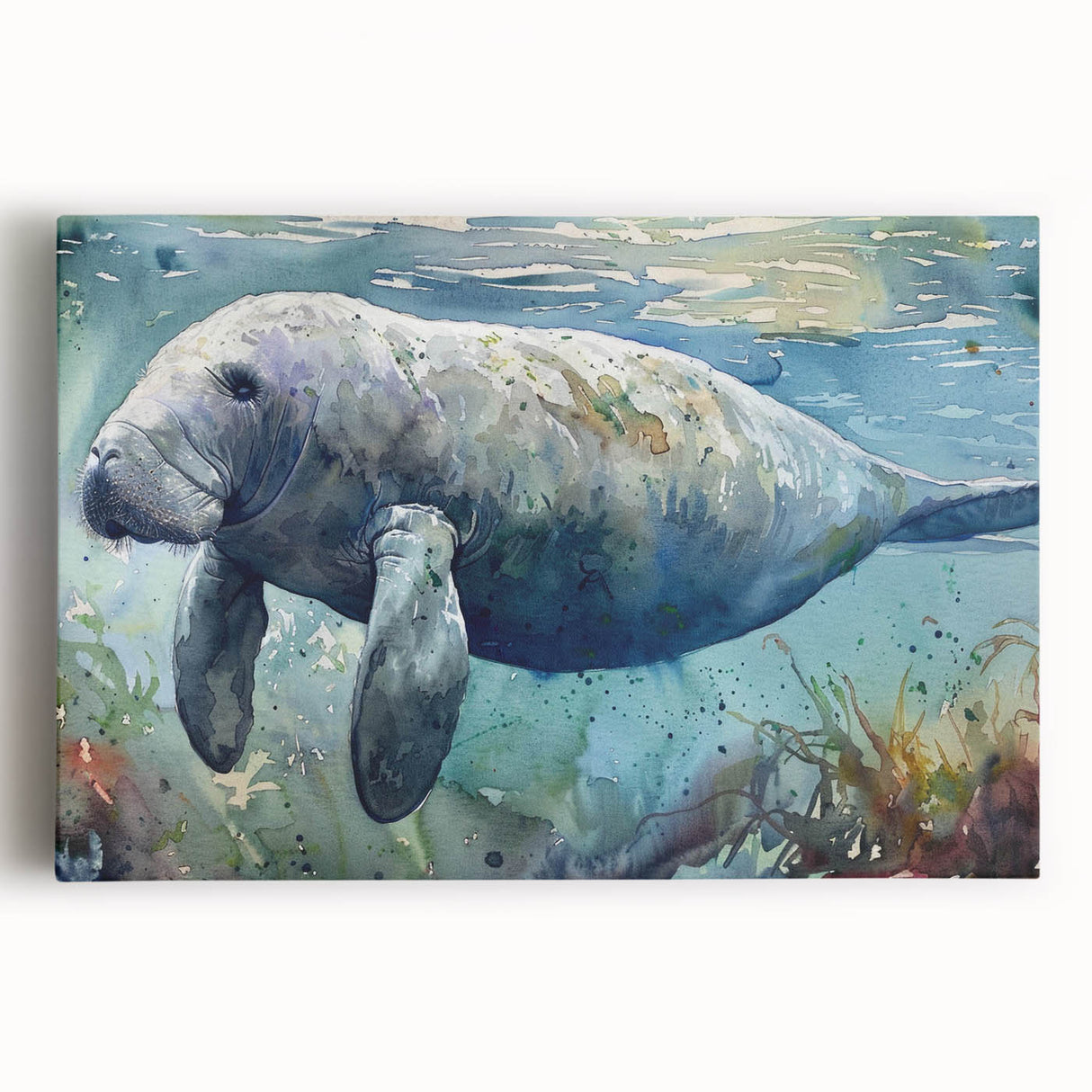 Stretched canvas wall art featuring a vibrant marine life design with a manatee, showcasing rich colors and intricate details, ideal for ocean-themed decor.