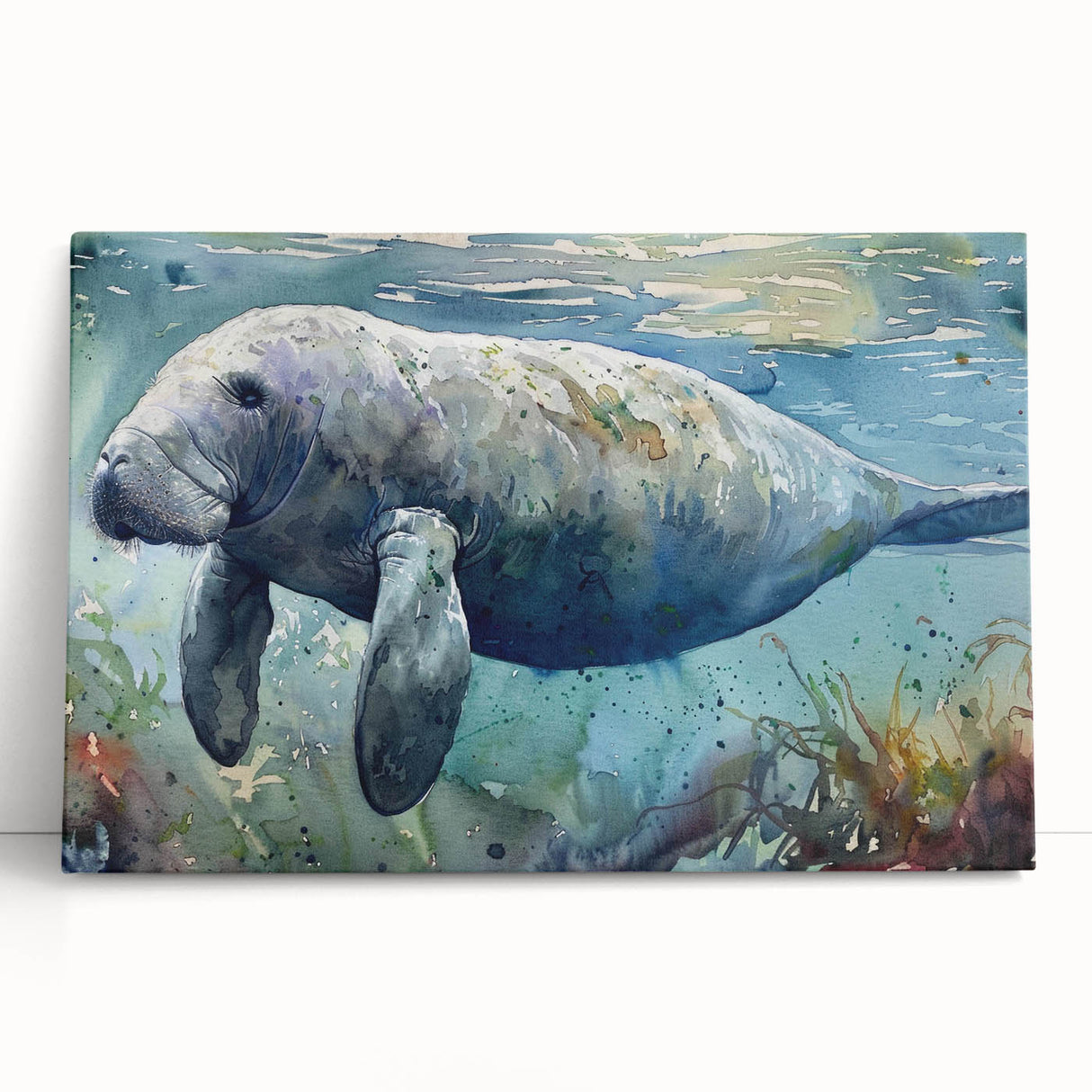Stretched canvas wall art featuring a serene manatee design in vibrant colors, ideal for marine-themed decor, showcasing the beauty of underwater life.