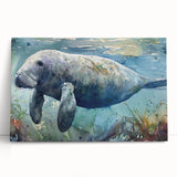 Stretched canvas wall art featuring a serene manatee design in vibrant colors, ideal for marine-themed decor, showcasing the beauty of underwater life.