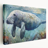 Stretched canvas art piece showcasing a vibrant marine life design featuring a gentle manatee in a serene underwater setting, perfect for ocean-themed decor.