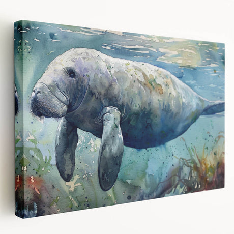 Stretched canvas art piece showcasing a vibrant marine life design featuring a gentle manatee in a serene underwater setting, perfect for ocean-themed decor.