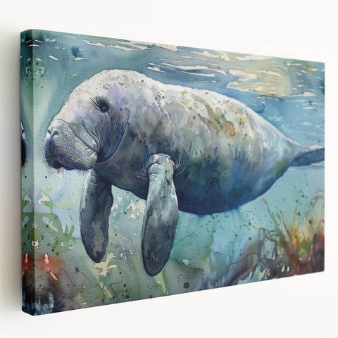Stretched canvas art piece showcasing a vibrant marine life design featuring a gentle manatee in a serene underwater setting, perfect for ocean-themed decor.