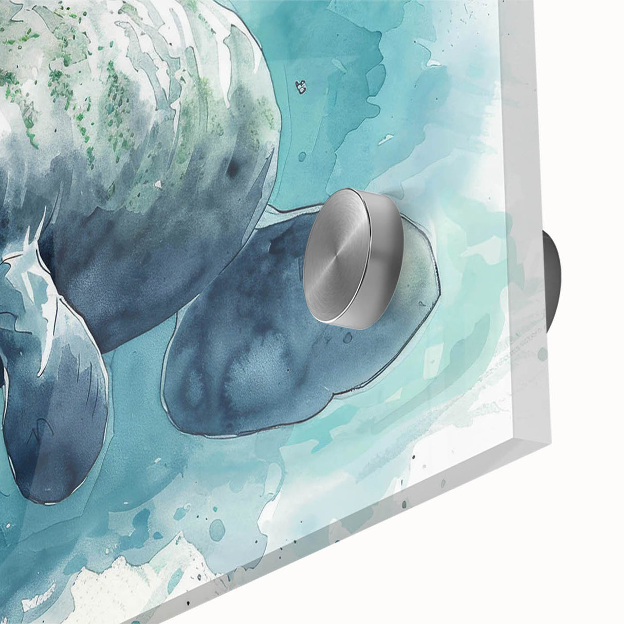 Close-up of a vibrant acrylic glass wall art piece showcasing a beautifully detailed illustration of a manatee among marine life, perfect for ocean-themed decor.