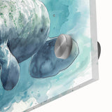 Close-up of a vibrant acrylic glass wall art piece showcasing a beautifully detailed illustration of a manatee among marine life, perfect for ocean-themed decor.