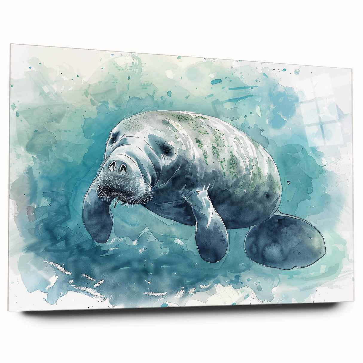 Side view of a marine life-themed wall art collection featuring a manatee design, printed on acrylic glass, showcasing vibrant colors and intricate details for home decor.