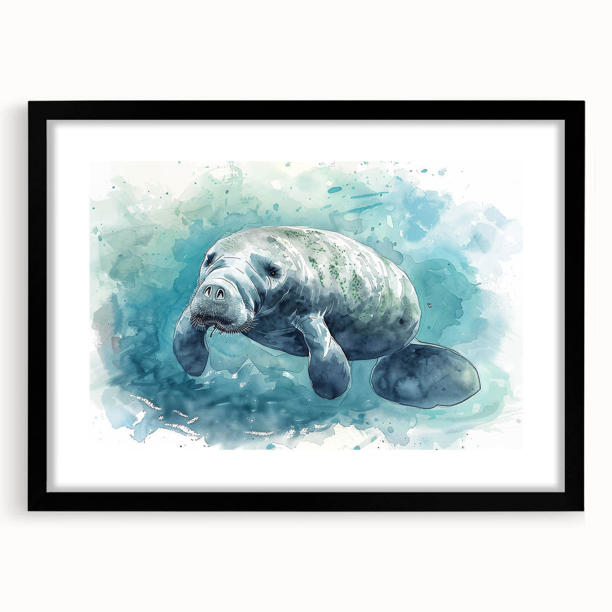 Black-framed wall art showcasing a vibrant marine life design featuring a manatee, ideal for ocean-themed decor. Perfect for adding a touch of coastal charm.