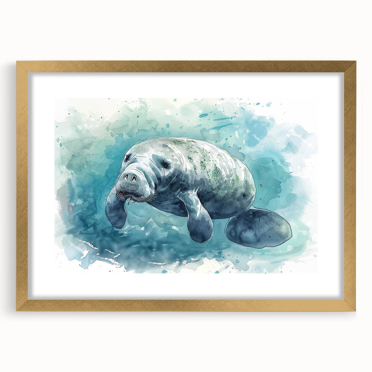 Gold-framed wall art featuring a vibrant manatee design, showcasing marine life in a colorful aquatic setting with a decorative mat, ideal for ocean-themed decor.
