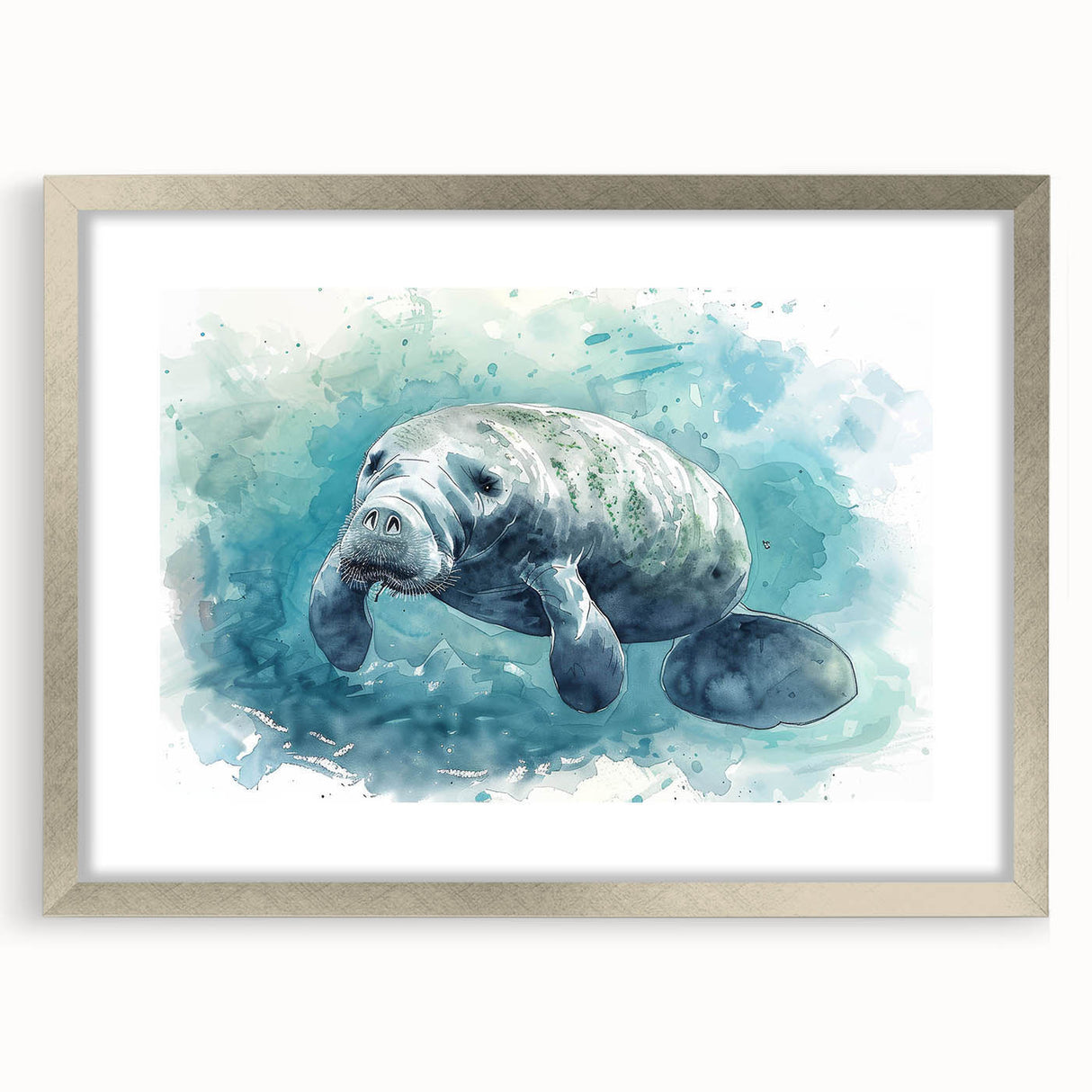 Framed wall art featuring a vibrant marine life design showcasing a manatee, elegantly matted and presented in a sleek silver frame, ideal for coastal decor.