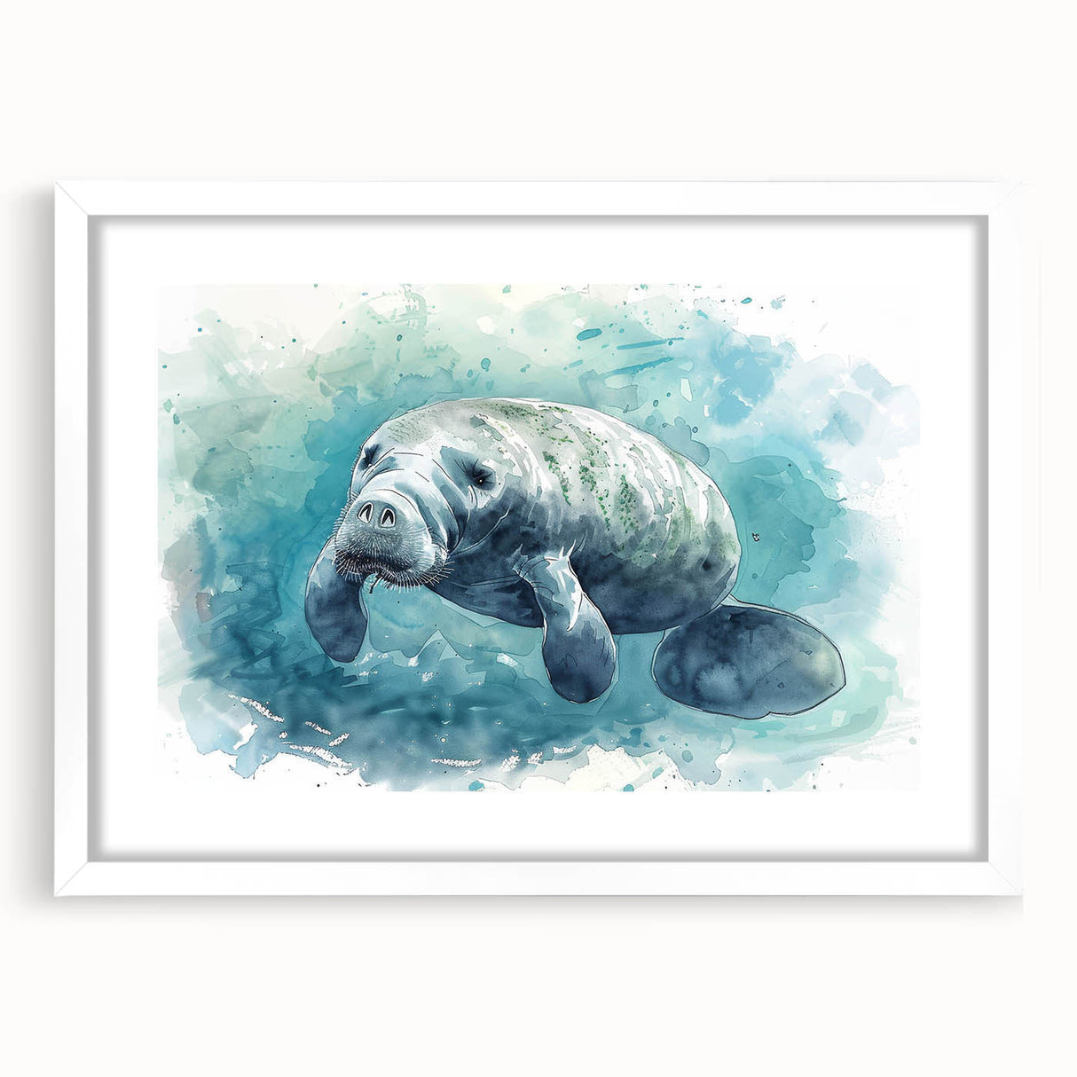 Front view of a framed wall art collection featuring a vibrant marine life manatee design, showcasing intricate details and a white mat for an elegant finish.