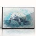 Framed acrylic wall art featuring a serene manatee design, showcasing vibrant marine life colors and a sleek black frame, ideal for ocean-themed decor.