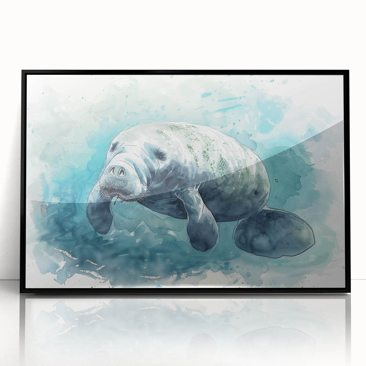 Framed acrylic wall art featuring a serene manatee design, showcasing vibrant marine life colors and a sleek black frame, ideal for ocean-themed decor.