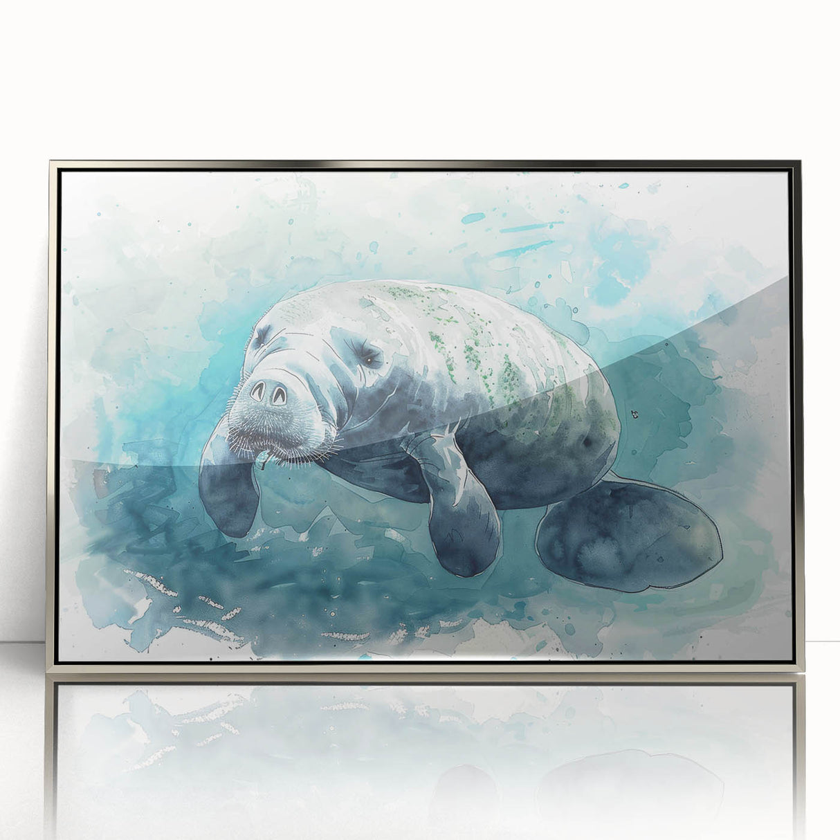 Framed acrylic wall art collection showcasing a vibrant marine life design featuring a manatee, accented with a sleek silver frame, ideal for coastal decor.
