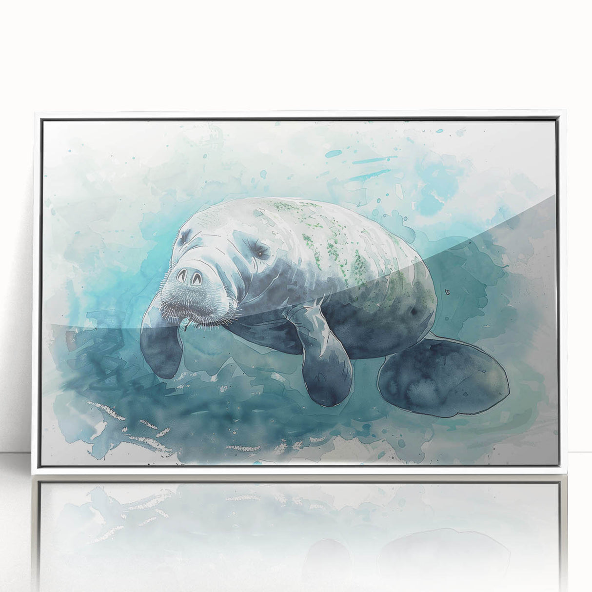 Framed wall art showcasing a serene manatee design in vibrant colors, featuring a sleek white frame, perfect for marine life enthusiasts and home decor.