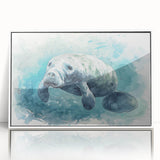Framed wall art showcasing a serene manatee design in vibrant colors, featuring a sleek white frame, perfect for marine life enthusiasts and home decor.