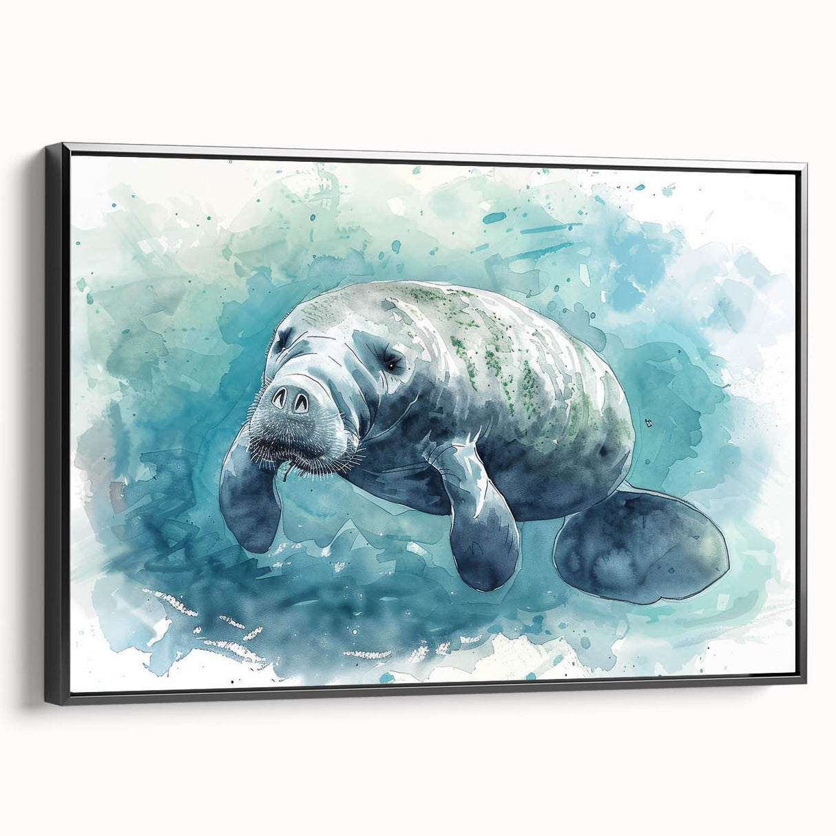 Framed wall art featuring a vibrant manatee design surrounded by marine life, set against a black background, perfect for ocean-themed decor.