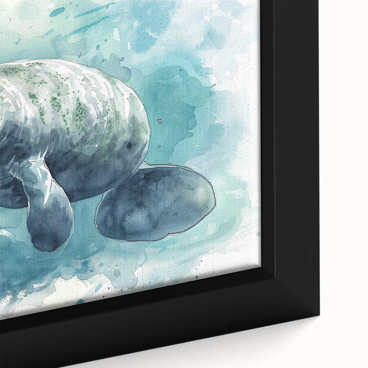 Close-up of a beautifully framed wall art canvas depicting a vibrant marine life design featuring a manatee, showcasing intricate details and rich colors, ideal for coastal decor.