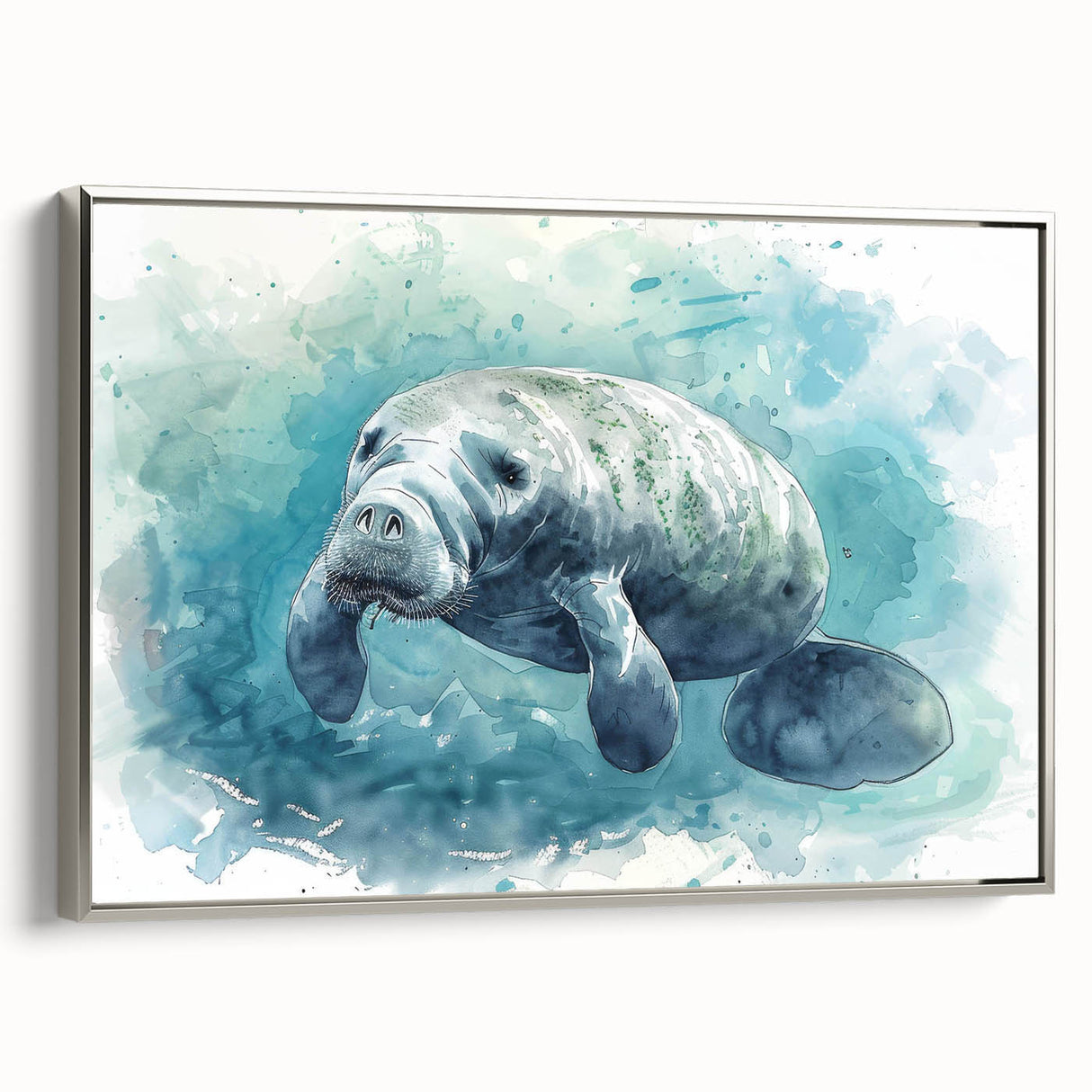 Framed wall art featuring a serene manatee design in shades of blue and green, set against a textured background, perfect for marine-themed decor.