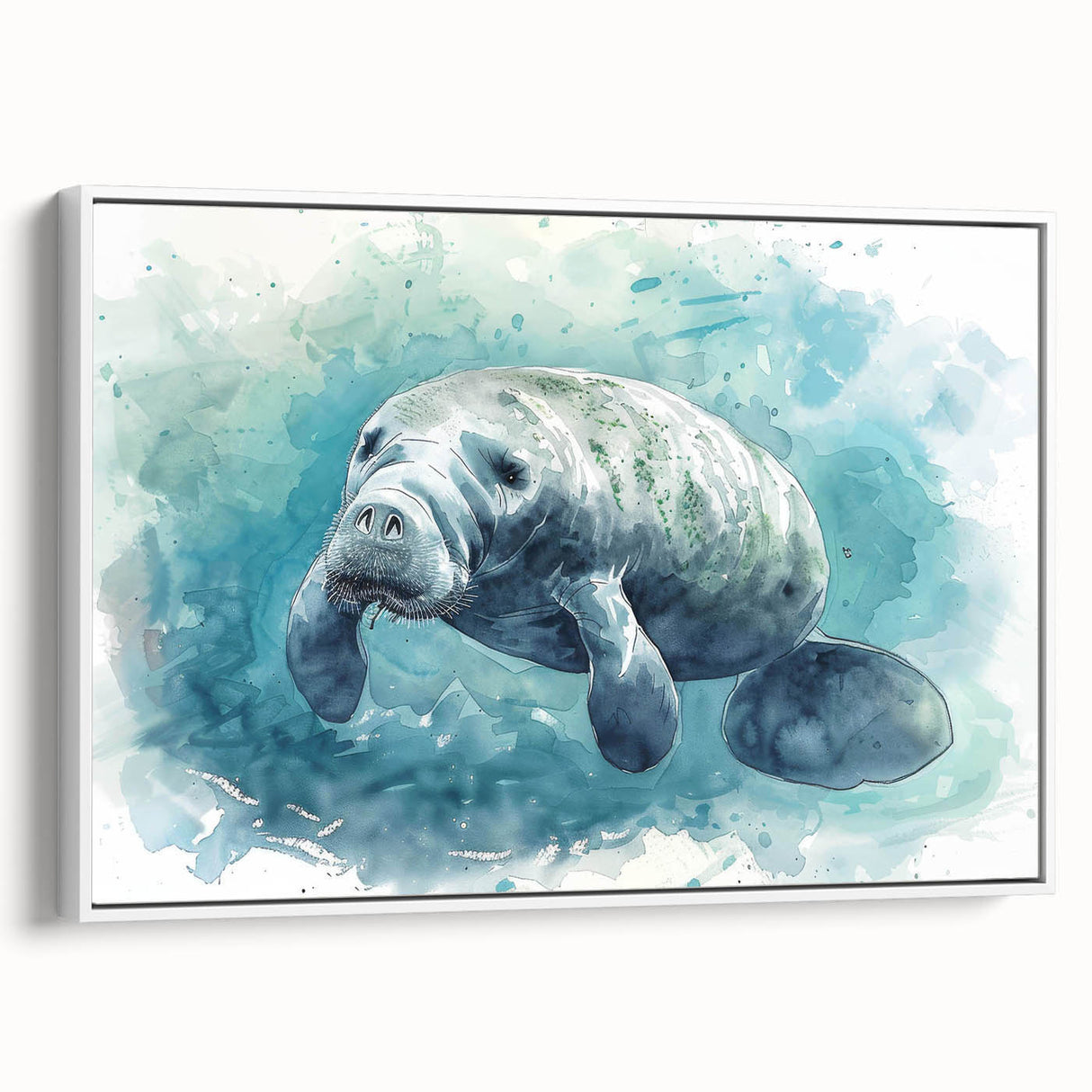 Framed canvas wall art featuring a serene manatee design in a vibrant marine life theme, showcasing intricate details and soft colors against a white backdrop. Perfect for ocean lovers and home decor enthusiasts.