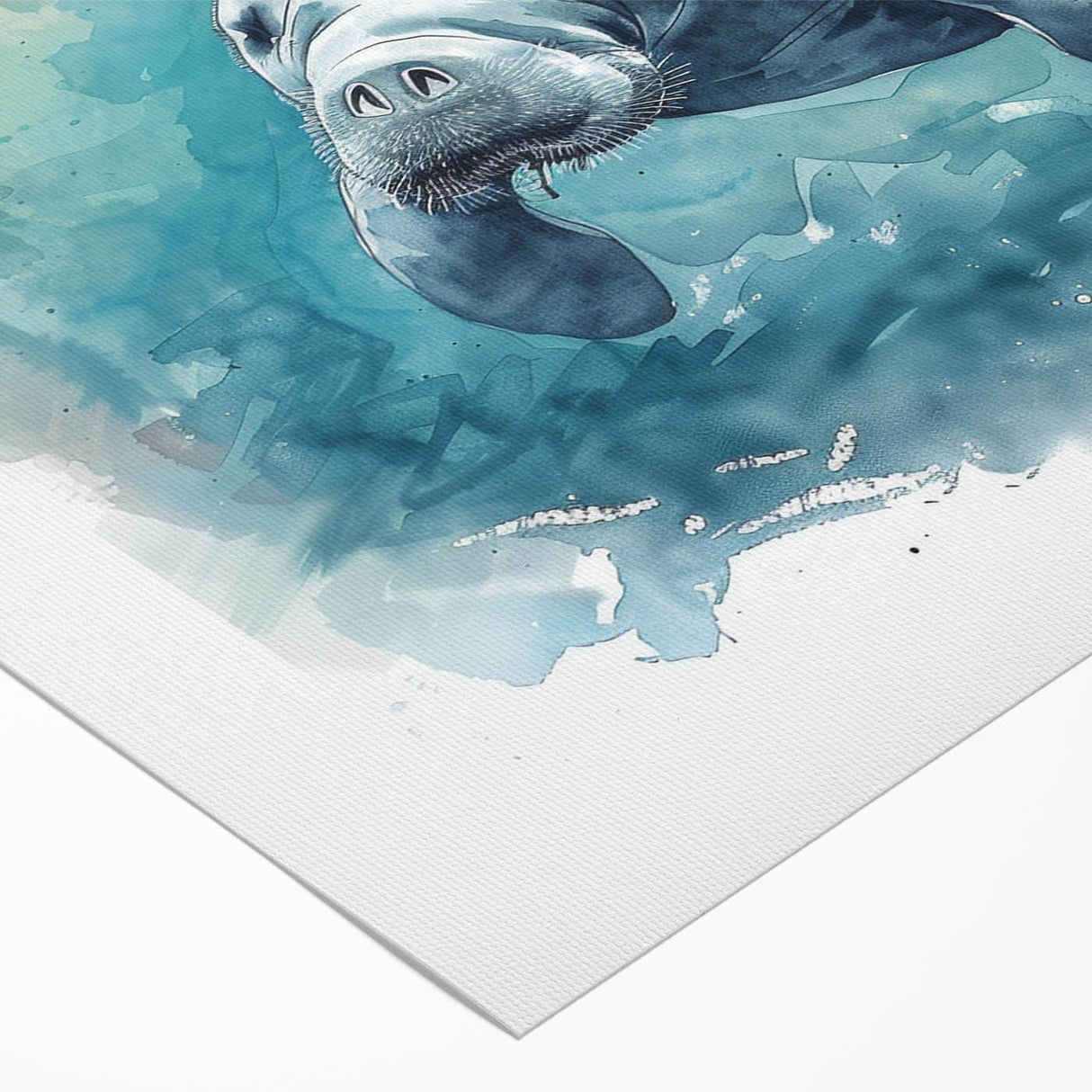Rolled canvas showcasing a vibrant manatee design surrounded by marine life, ideal for ocean-themed decor, elegantly packaged for safe delivery.