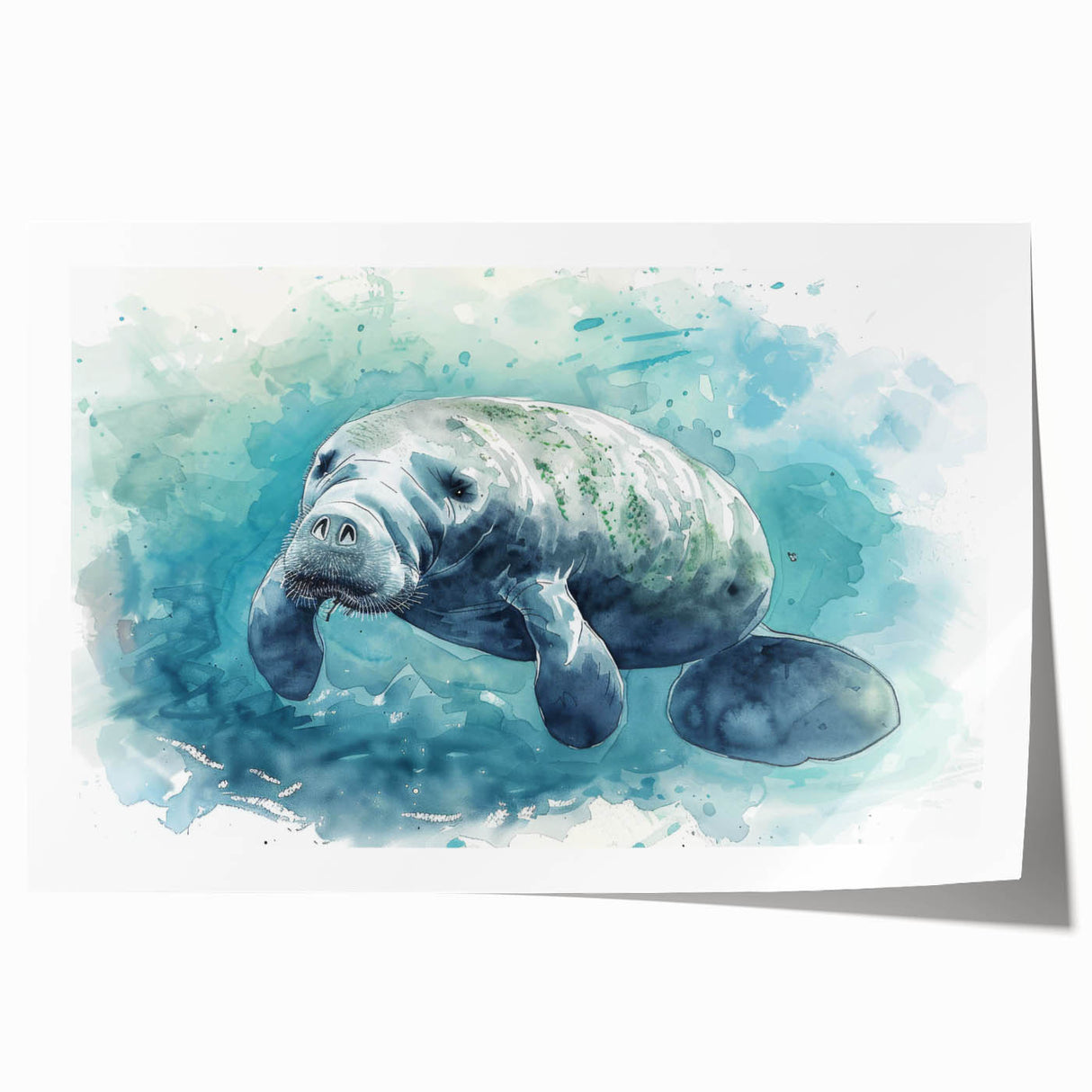 Vibrant rolled print showcasing a whimsical manatee design surrounded by colorful marine life, perfect for ocean-themed decor. Packaged securely for shipping.