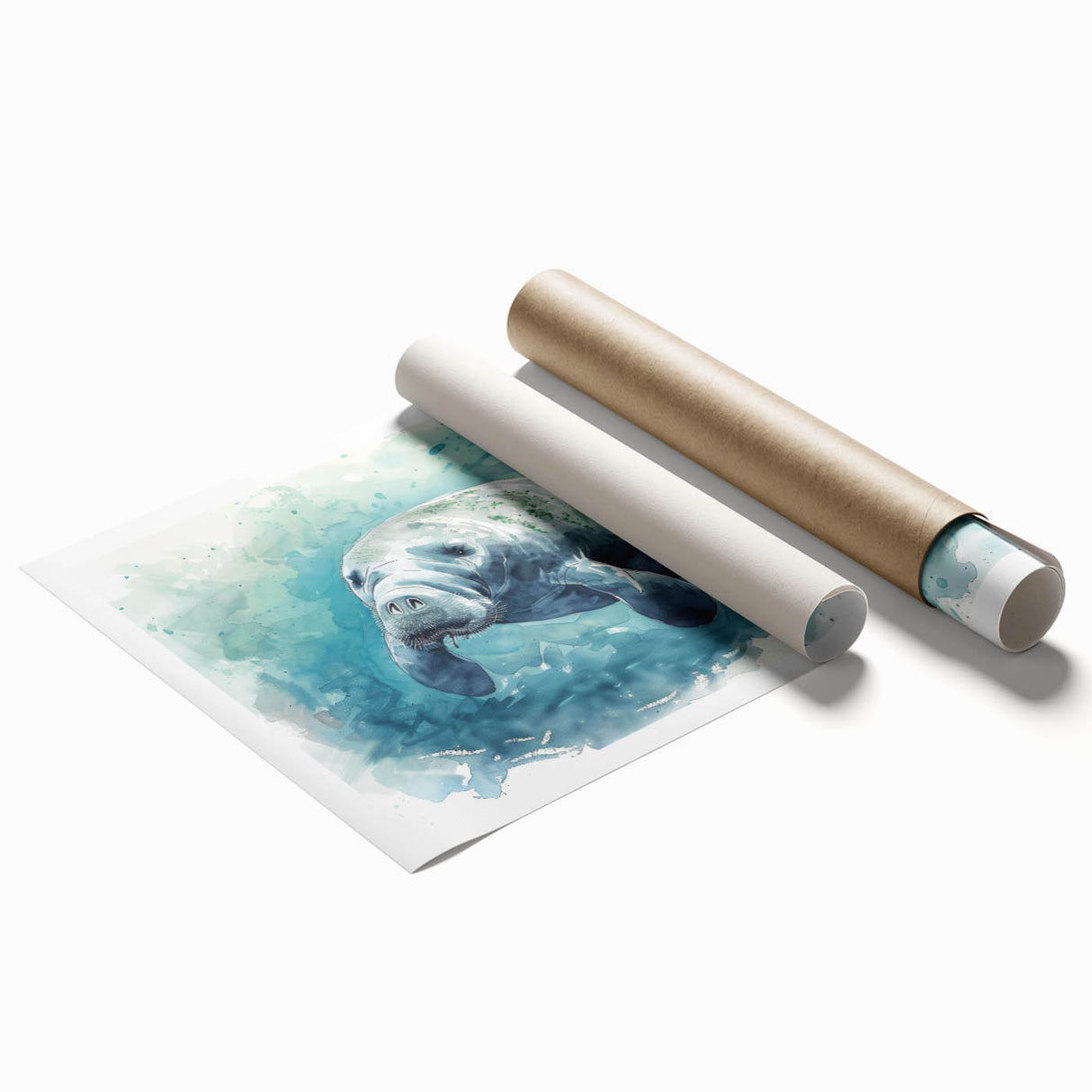 Manatee wall art print showcasing vibrant marine life in soothing blue and green tones, rolled and ready for display, ideal for ocean-themed decor.
