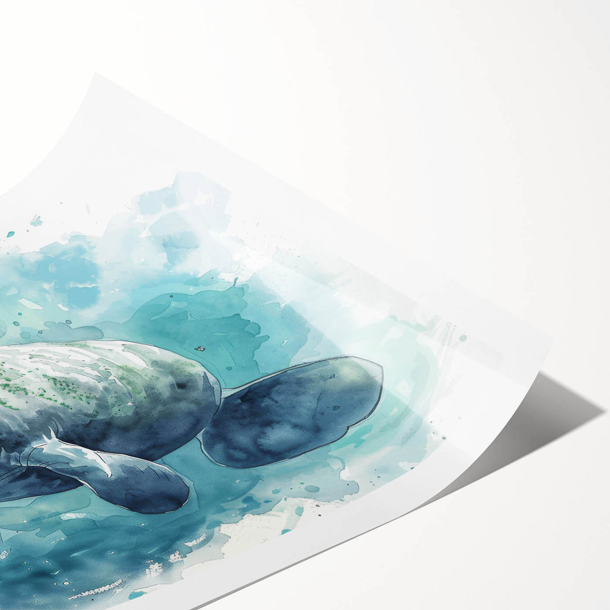 Colorful wall art print depicting a serene manatee swimming among vibrant marine life, featuring intricate details and a tranquil ocean background, ideal for coastal decor.