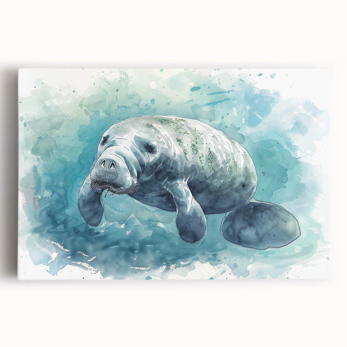 Stretched canvas wall art featuring a vibrant manatee design in a serene underwater setting, highlighting marine life and ocean conservation themes.