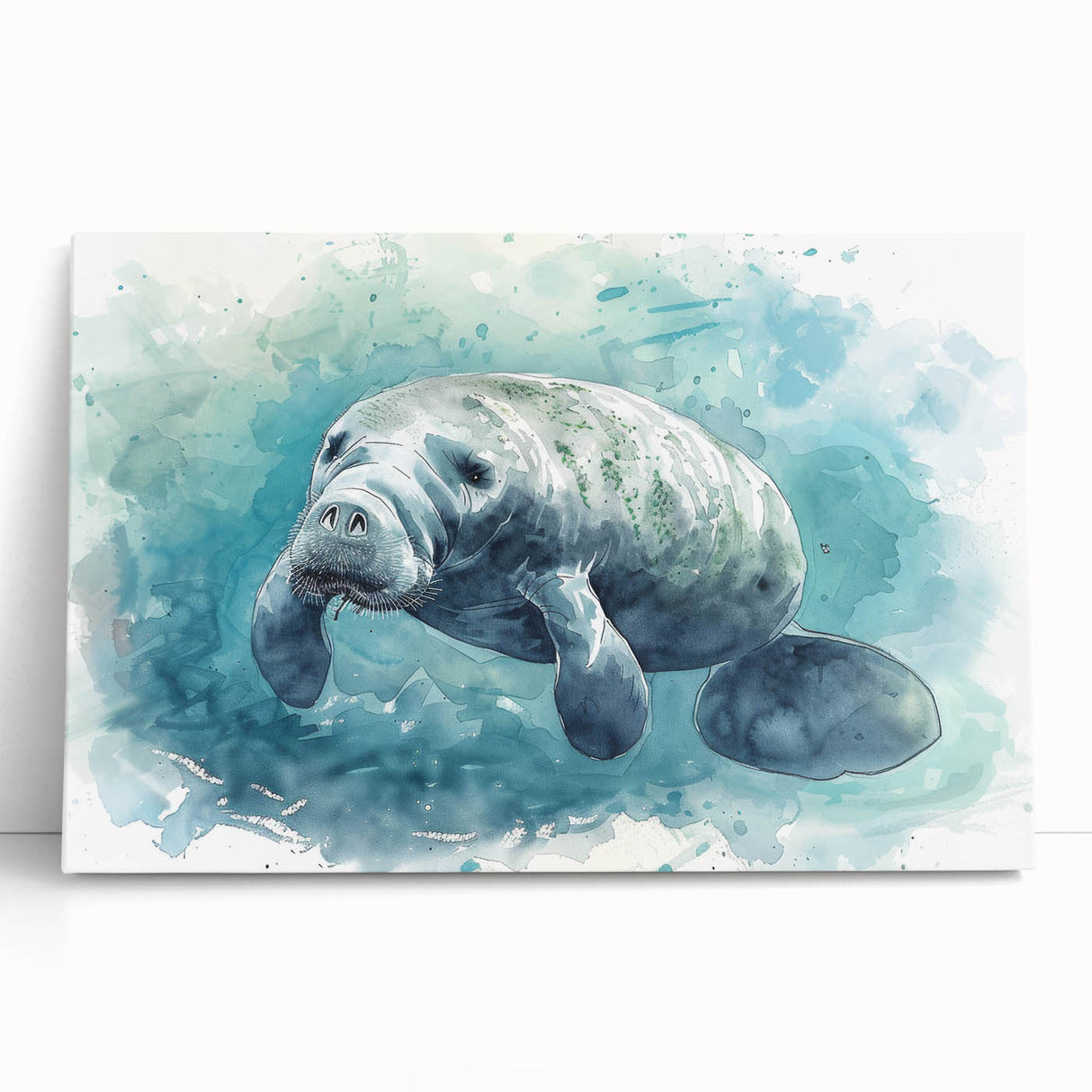 Stretched canvas wall art depicting a serene manatee swimming through vibrant marine life, showcasing intricate details and soothing colors, perfect for ocean lovers.