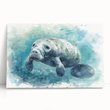 Stretched canvas wall art depicting a serene manatee swimming through vibrant marine life, showcasing intricate details and soothing colors, perfect for ocean lovers.