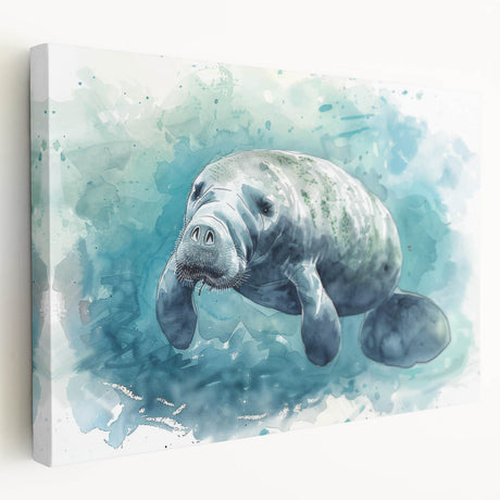 Stretched canvas wall art featuring a serene manatee design, showcasing vibrant colors and intricate details, perfect for marine life enthusiasts and coastal decor.