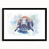Black-framed wall art featuring a vibrant marine life manatee design, elegantly matted for a polished look, perfect for ocean-themed decor.