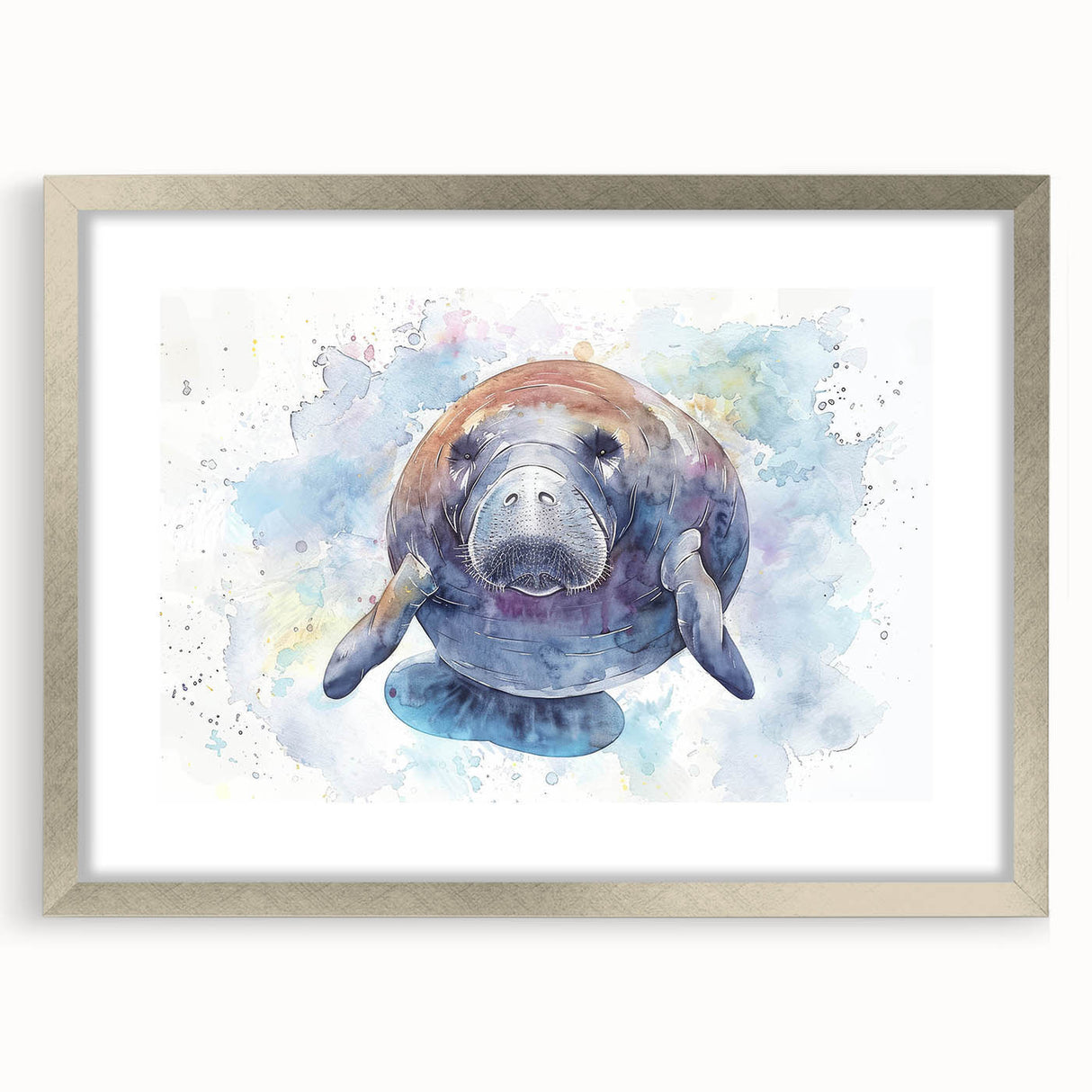 Framed wall art collection featuring a serene marine life design showcasing a manatee, accented with a silver frame and mat, ideal for coastal decor.