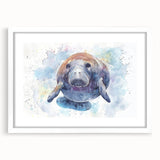 Manatee-themed wall art collection framed with a white mat, showcasing vibrant marine life designs, ideal for ocean lovers and home decor enthusiasts.