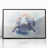 Framed wall art featuring a vibrant marine life manatee design, showcasing rich blue hues and intricate details, perfect for ocean-themed decor.