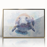 Framed acrylic wall art showcasing a vibrant marine life design featuring a manatee, elegantly set in a gold frame for a stylish decor accent. Perfect for ocean-themed interiors.