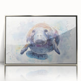 Framed acrylic wall art featuring a vibrant marine life design showcasing a manatee, set against a silver background, perfect for ocean-themed decor.
