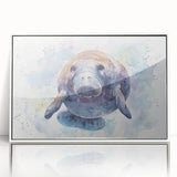 Framed acrylic wall art showcasing a vibrant marine life manatee design, featuring a white frame and a sleek front view, perfect for coastal-themed decor.