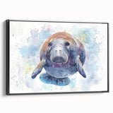 Framed canvas wall art showcasing a serene manatee design in a coastal setting, featuring vibrant colors and intricate details, perfect for marine life enthusiasts.